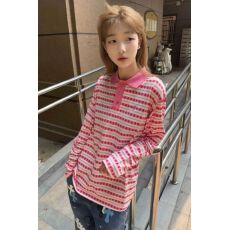 批发美式14K复古条纹翻领<b class='q'>polo</b><b class='q'>衫</b><b class='q'>男</b>女春秋潮慵懒风长袖T恤宽松休闲上衣