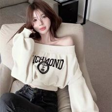 批发仿棉华棉复合牛奶丝310克  秋季美式复古印花款一字肩长袖卫衣女