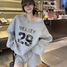 批发【斜领】曼巴棉300克 后包领彩色内外同色印花长袖宽松套头卫衣女