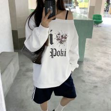 批发【斜领】曼巴棉300克 后包领彩色内外同色印花长袖宽松套头卫衣女