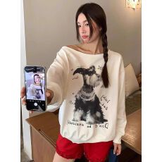 批发【斜领】曼巴棉300克 后包领彩色内外同色印花长袖宽松套头卫衣女