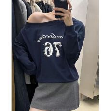 批发【斜领】曼巴棉300克 后包领彩色内外同色印花长袖宽松套头卫衣女