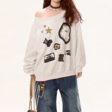 批发【斜领】曼巴棉300克 后包领彩色内外同色印花长袖宽松套头卫衣女