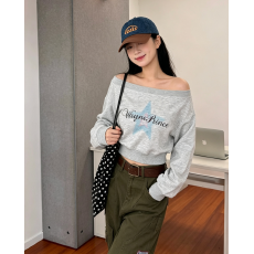 批发仿棉华棉复合牛奶丝310克  秋季美式复古印花款一字肩长袖卫衣女