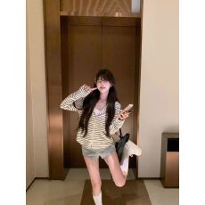 原版复古条纹连帽卫衣外套女秋冬新款宽松慵懒风休闲搭开衫上衣