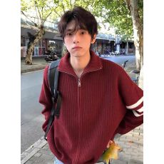 美式三条杠立领开衫毛衣男秋季条纹撞色针织衫外套高级感上衣