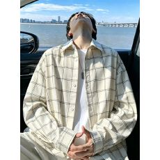 格子撞色翻领长袖衬衫男秋季美式慵懒风潮牌早秋衬衣外套