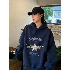 华棉复合银狐绒420g无绳有口袋 连帽印花卫衣外套女