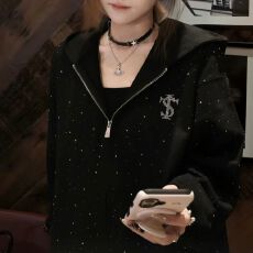 薄款/加绒  裁片压钻+白金拉链 纯棉华棉复合卫衣女