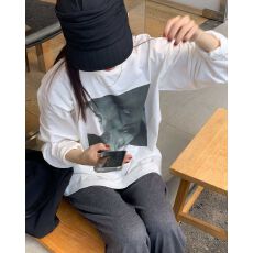 批发高质量纯棉200克21支精梳精密<b class='q'>印花</b>秋季宽松长袖T恤女