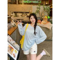 批发罗纹印花 条纹长袖T恤女夏季薄款防晒罩衫