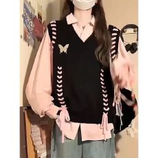 批发韩系蝴蝶绑绳毛衣黑色背心叠穿青春感<b class='q'>衬衫</b>校园风基础秋季女两件套