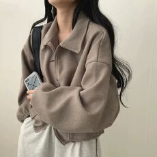 批发韩国chic秋冬法式减龄慵懒宽松双口袋拉链翻领抽绳收腰<b class='q'>短</b>款<b class='q'>外套女</b>