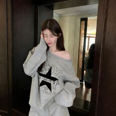 批发【斜领】曼巴棉300克 后包领彩色内外同色印花长袖宽松套头<b class='q'>卫衣</b><b class='q'>女</b>