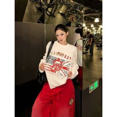 批发美式发财复古米字旗印花小众<b class='q'>长袖</b>T恤女秋季新款宽松休闲显瘦上衣