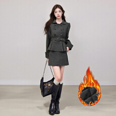 批发实拍 法式气质小香风秋冬毛呢双排扣西装领收腰百褶外套A字裙套装