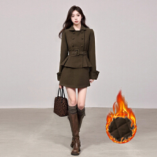 批发实拍 法式气质小香风秋冬毛呢双排扣西装领收腰百褶外套A字裙套装