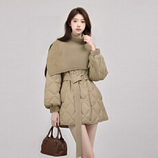 批发实拍针织围巾披肩羽绒服2025冬季新品轻暖加厚棉服收腰菱格外套女