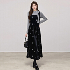 批发实拍 法式复古蝴蝶刺绣吊带裙<b class='q'>套装</b>女秋冬穿搭高级感金<b class='q'>丝绒</b>连衣裙