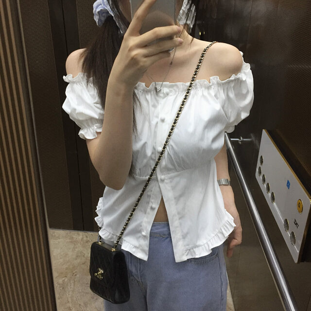 FA34758# 韩国chic夏季新款法式露肩一字领甜美木耳边短袖衫 服裝批發女裝批發服飾貨源