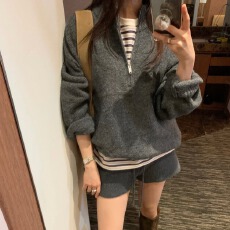 批发已出货尺码更新韩国chic<b class='q'>秋</b>冬新款立领慵懒抽绳上衣＋短裤针织套装