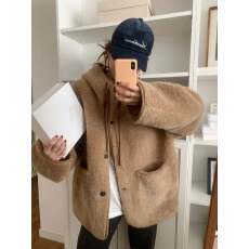 批发韩国chic<b class='q'>秋</b>冬新款韩系复古抽绳学院风排扣连帽皮毛一体外套