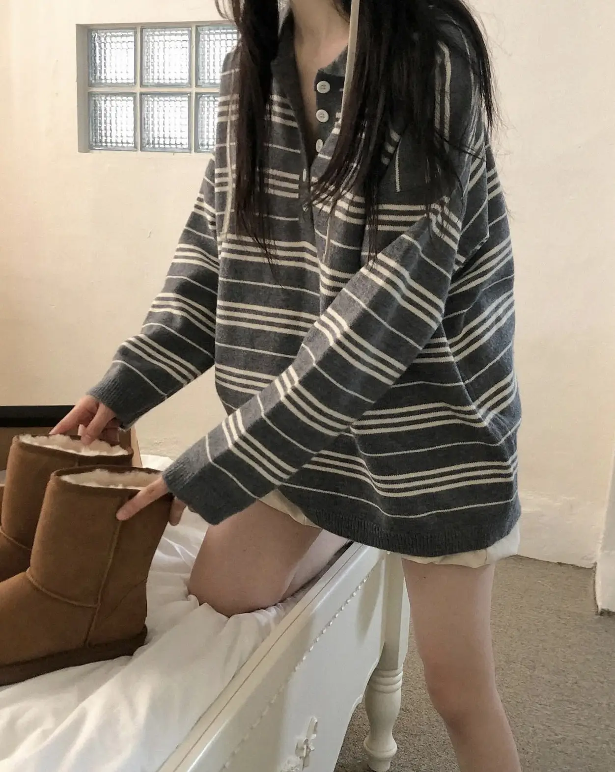 춘추 겨울 신상 폴로 넥 스트라이프 니트 조끼 상세 이미지 3