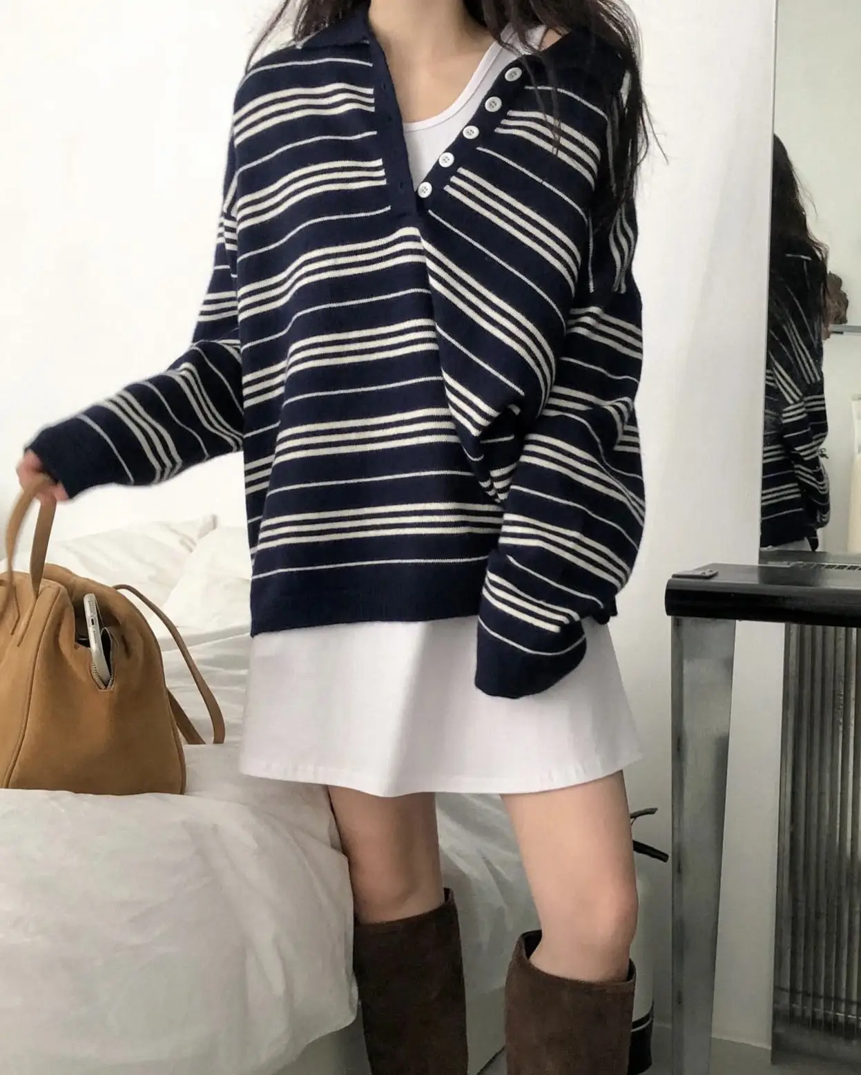 춘추 겨울 신상 폴로 넥 스트라이프 니트 조끼 상세 이미지 7
