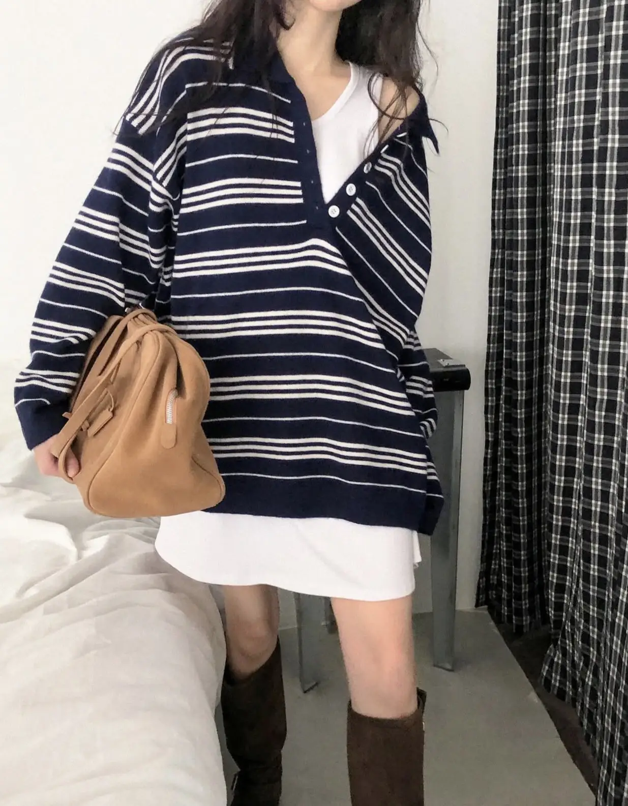 춘추 겨울 신상 폴로 넥 스트라이프 니트 조끼 상세 이미지 9