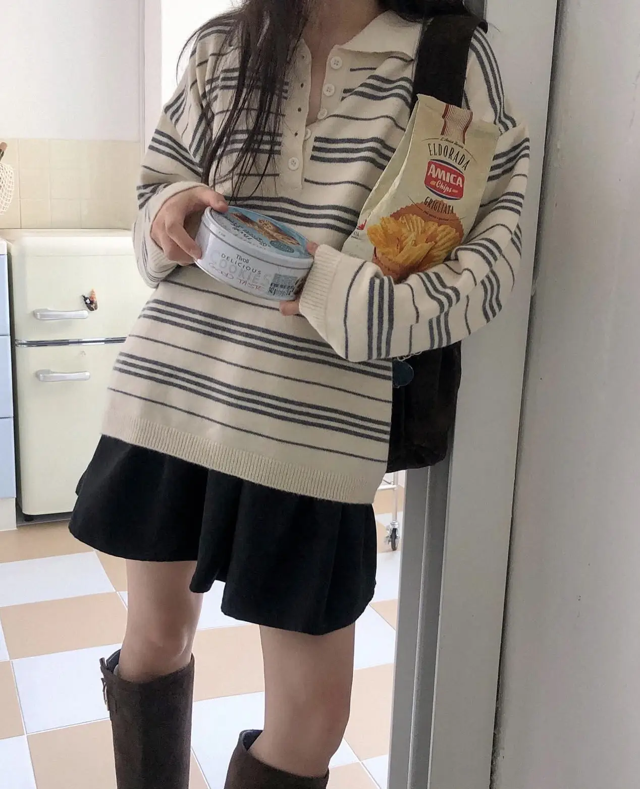 춘추 겨울 신상 폴로 넥 스트라이프 니트 조끼 상세 이미지 28