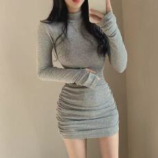 批发已出货尺码更新chic韩版褶皱高领长袖连衣裙女修身包臀裙打底裙