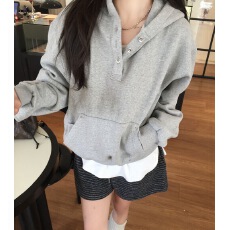 批发<b class='q'>韩国</b>chic早春新款ins半按扣领连帽纯色百搭加绒<b class='q'>卫衣</b>