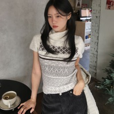 韩国chic早春新款ins复古高领提花百搭短袖毛衫