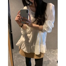 批发韩国chic早春新款ins褶皱领长花边<b class='q'>裙摆</b>长袖百搭<b class='q'>上衣</b>衫