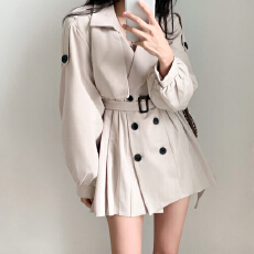 批发已出货尺码更新韩国chic秋季复古西装领系带中长款百褶<b class='q'>风衣</b>连衣裙