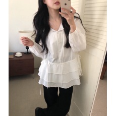 批发韩国chic早春新款ins飘带衬衫拼接<b class='q'>裙摆</b>可叠搭百搭衬衫