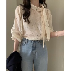 批发已出货尺码更新韩国chic早春新款韩系<b class='q'>波点</b>飘带甜美长袖百搭衫