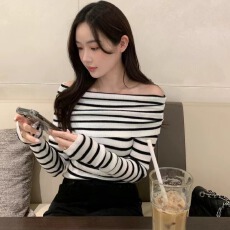 批发已出货尺码更新韩国chic新款早春气质简约<b class='q'>一字领</b>露肩长袖针织衫