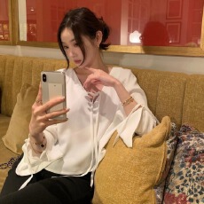 已出货尺码更新韩国chic早春新款法式小清新绑带气质衫