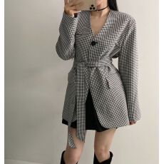批发已出货尺码更新chic复古简约千鸟格西服外套女显瘦气质系带西装