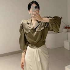 批发已出货尺码更新<b class='q'>韩国</b>chic早春<b class='q'>西装</b>领泡泡袖衬衫女宽松短款显瘦衬衣