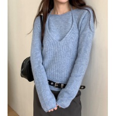批发韩国chic<b class='q'>春</b>季新款韩系吊带挂脖系带＋打底显瘦针织套装