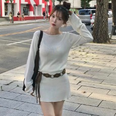 批发已出货尺码更新韩国chic<b class='q'>春</b>季新款薄款针织上衣＋半身裙显瘦套装