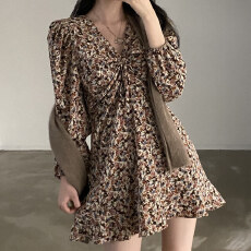 批发已出货尺码更新<b class='q'>韩国</b>chic春季复古碎花抽绳女显瘦小个子<b class='q'>连衣裙</b>