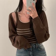 批发已出货尺码更新韩国chic春季新款复古针织背+开衫两件套装 修