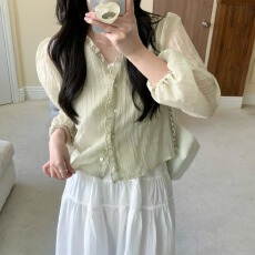 批发韩国chic春季新品<b class='q'>甜美</b>木耳花边长袖衬衫