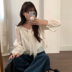 批发韩国chic春季新款飘带气质百搭<b class='q'>衬衫</b>