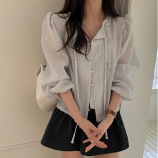 批发韩国chic春季新款飘带温柔风气质叠穿简约衬衫