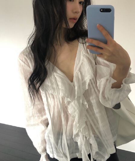 한국 chic 봄 디자인 센스 레이스 레이스업 거품 소매 셔츠