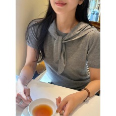 批发韩国chic春季新款气质简约短袖针织+披肩两件套装